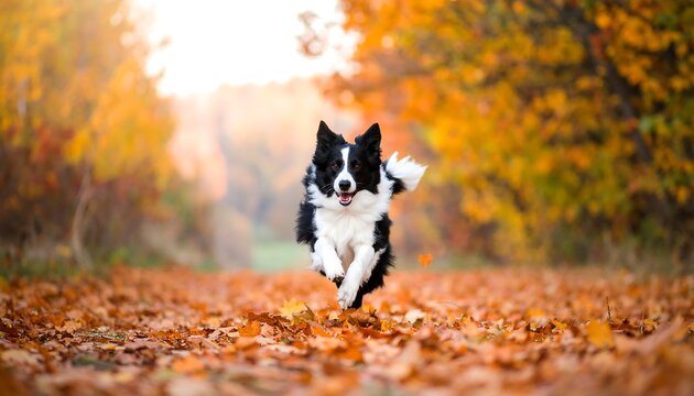 Happy border collie running through autumn leaves.