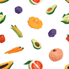 Endless background with different farm food. Repeatable pattern of various organic vegetables and fresh tropical fruit. Healthy eating: pumpkin, cauliflower, avocado. Flat seamless vector illustration