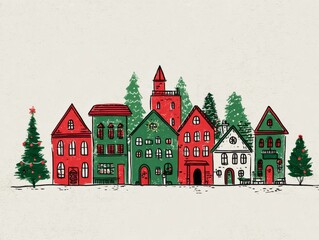 Christmas townscape with red, green houses and decorated trees. Winter holiday city scene for greeting card or wrapping, poster and holiday projects. Hand drawn flat illustration.
