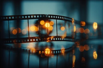 Old filmstrip reflects blurred lights on dark surface