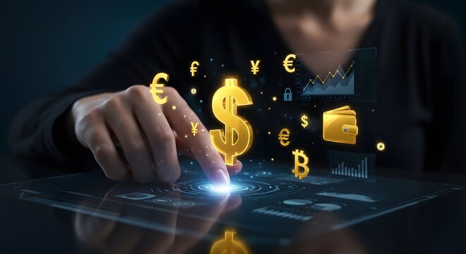 A person's hand touching a glowing dollar symbol on a futuristic holographic financial interface.