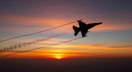Jet soars against a vibrant sunset sky, casting vapor trails. Suitable for military themes, wallpapers, or travel posters.