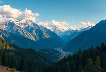 Fototapeta premium Vector seamless panorama of Karakoram Himalayan mountains, lush forests, and valleys, wilderness, outdoor