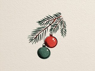 Pine branch with red and green balls on textured beige background. Winter mood. Christmas decoration design for greeting cards, posters and wrapping paper. Hand drawn illustration.