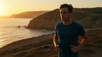 Man running on coastal trail at sunset for outdoor fitness, mental wellness and healthy lifestyle in nature with scenic ocean view and exercise motivation in serene environment