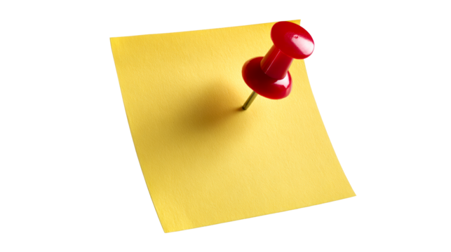 Yellow reminder note pinned with a red pushpin against a white background, cut out transparent