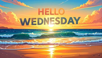 Hello Wednesday Sea Beach at Sunset with Blue Waves and Orange Sky