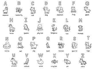  Black and white vector illustration of an animal alphabet for kids learning. Features simple drawings of animals corresponding to each letter from A to Z, perfect for educational materials.