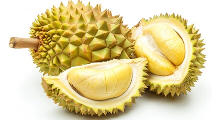 Fototapeta premium A Cut Open Durian: Spiky Exterior Split to Reveal Creamy, Pungent Flesh—Tropical King of Fruits Unveiling Its Rich, Aromatic Pulp in All Its Unique Glory