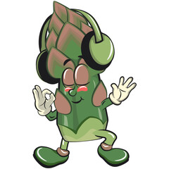 cute asparagus cartoon mascot character vector illustration listening to headset while dancing calm, work of hand drawn