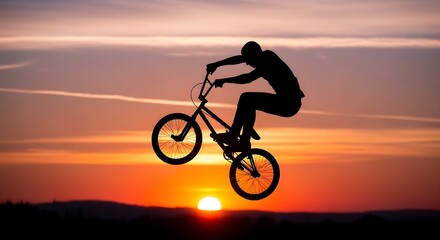 Obraz premium Orange sunset silhouette reveals bike stunt. Action scene for posters, branding, or youth-oriented campaigns.