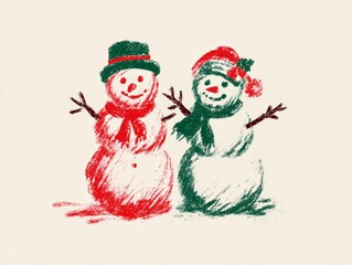 Two smiling snowmen red and green with stick arms, hats and scarves. Great for christmas kids cards, winter posters or packaging. Crayon style illustration.