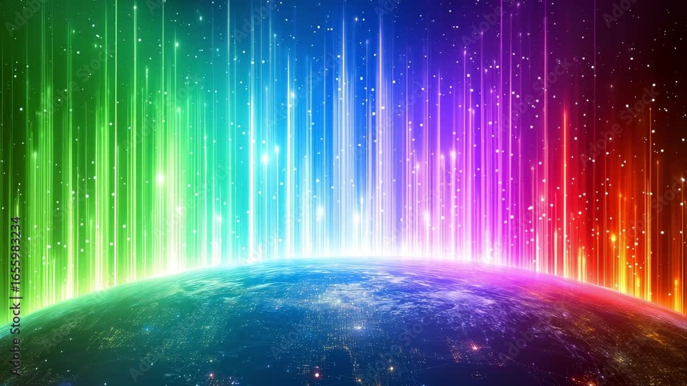 Poster array of vibrant light beams emerging above the earth, showcasing a mesmerizing gradient of colors a