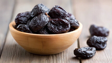 Soft sun-dried prunes in a wooden bowl. Healthy food for gut and digestion