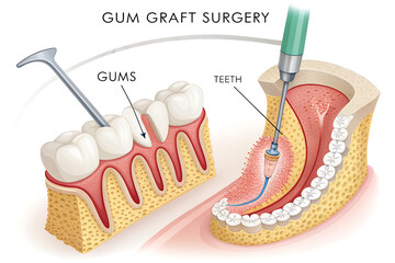 Illustration showing gum graft surgery with teeth gums and surgical instruments present in the image created with generated ai