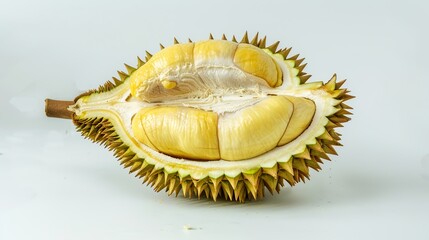 Fototapeta premium A Cut Open Durian: Spiky Exterior Split to Reveal Creamy, Pungent Flesh—Tropical King of Fruits Unveiling Its Rich, Aromatic Pulp in All Its Unique Glory