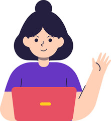 Cartoon illustration of a young woman with a laptop, smiling and waving her hand in a friendly gesture.