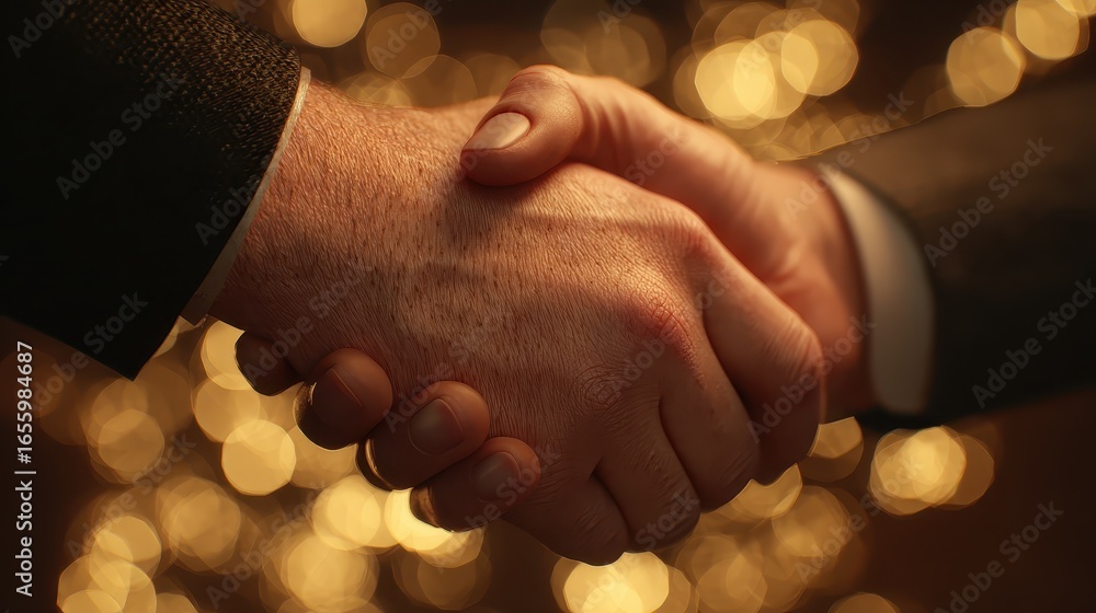 Poster close up of two hands shaking in front of a golden bokeh background