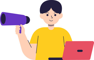 Smiling young man announces news using megaphone and laptop.