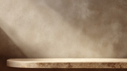 Textured off white plaster wall with warm lighting gradient, natural wooden counter resembling marble,