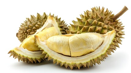 Fototapeta premium A Cut Open Durian: Spiky Exterior Split to Reveal Creamy, Pungent Flesh—Tropical King of Fruits Unveiling Its Rich, Aromatic Pulp in All Its Unique Glory