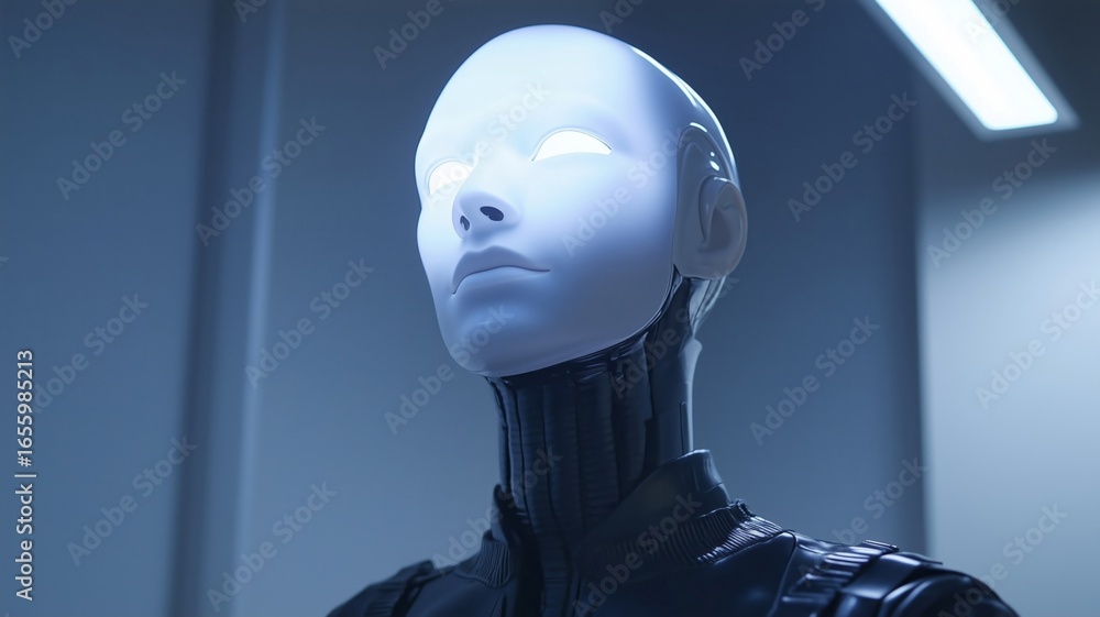 Poster futuristic robot concept exploring artificial intelligence in a sleek, modern environment