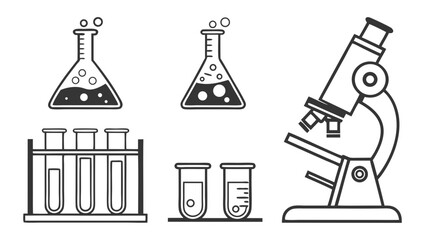 Science lab equipment illustration featuring beakers, test tubes, and a microscope for scientific research and experiments