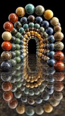 Colorful spheres form an arch, reflecting on a dark surface