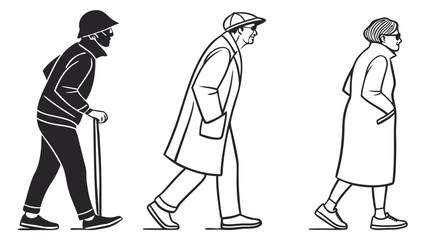 Three elderly individuals walking side by side wearing hats and coats in a vector illustration with different styles and colors