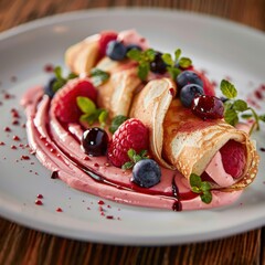 Delicate golden crepes, filled with bright pink Raspberry cream, are arranged on a white plate. Blue berry sauce drizzled artistically, garnished with fresh berries and mint