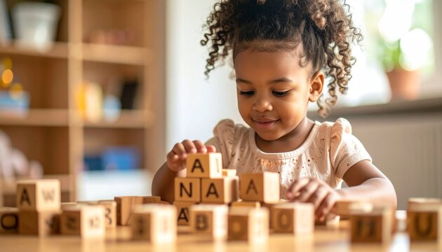 An adorable young toddler girl with curly hair concentrates on stacking wooden alphabet blocks while learning and playing.