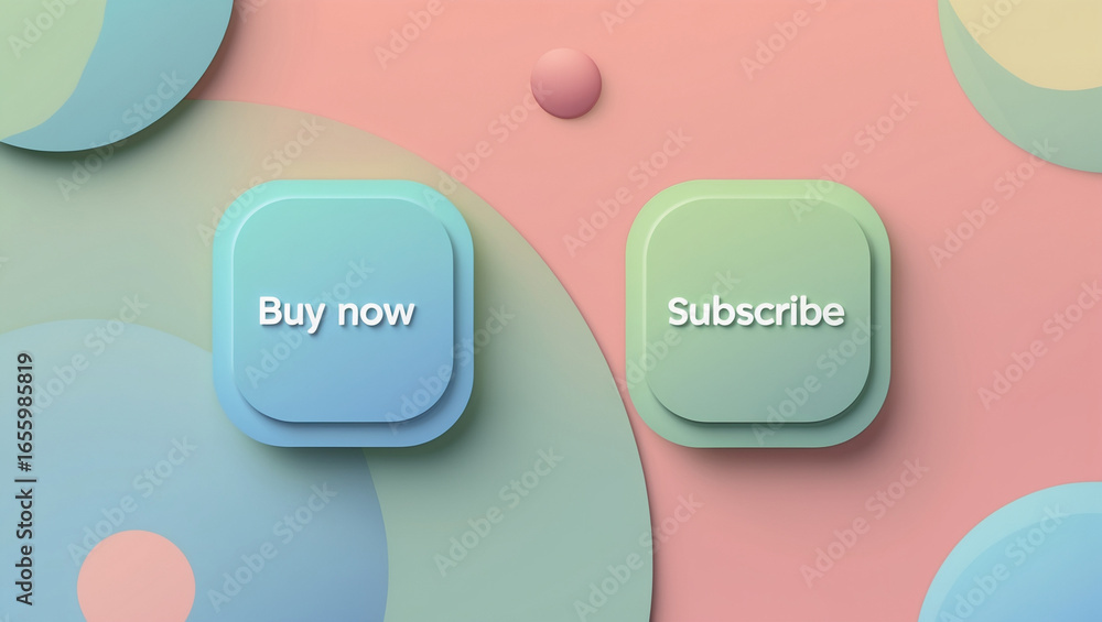Poster two rounded buttons with text buy now and subscribe on a pastel background
