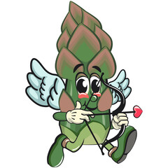 cute asparagus cartoon mascot character vector illustration cupid with angel wings and the arrow of love, work of hand drawn