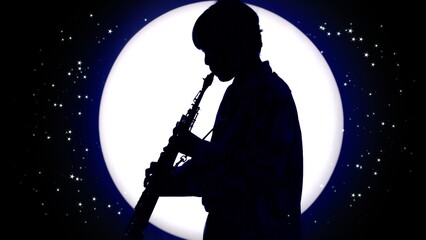 ソプラノサックスを吹いている人のシルエット：月、夜、星