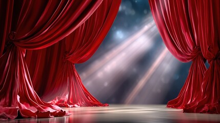 Theatrical stage with elegant red curtains and dramatic lighting