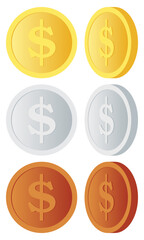 Collection of Dollar Coin from Front and Side with Gold Silver Bronze Color