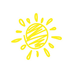  Hand drawn yellow orange sunshine,scribble doodle children drawn style on white background