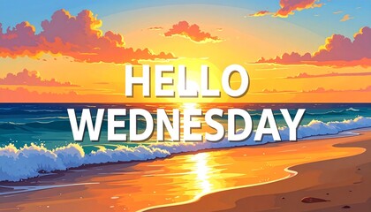 Scenic Beach Sunrise with Blue Waves and Sand Reflecting Golden Light Featuring Hello Wednesday Text