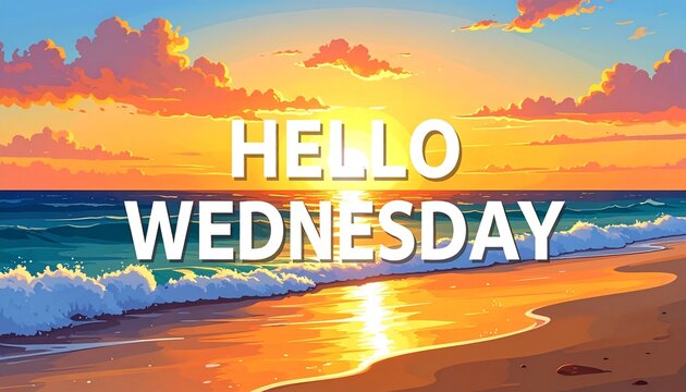 Scenic Beach Sunrise with Blue Waves and Sand Reflecting Golden Light Featuring Hello Wednesday Text