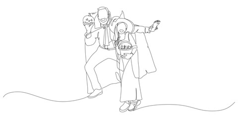 continuous line drawing illustration of two people dressed in Halloween costumes. One person is holding a pumpkin bucket with a carved face, while the other is carrying a basket full of candies