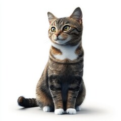 Obraz premium Stripped Tabby Cat Sitting Posing Comfortably on a White Background in Studio Lighting with Detailed Texture and Friendly Expression