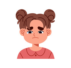 Sad kid is crying. Little girl with grief emotions on her face is weeping. Avatar of upset child with tears. Portrait of sobbing person in sorrow. Flat isolated vector illustration on white background