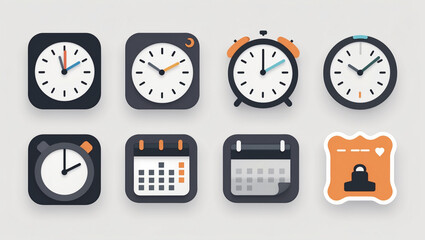 Obraz premium Collection of various clocks and calendars icons on a light background