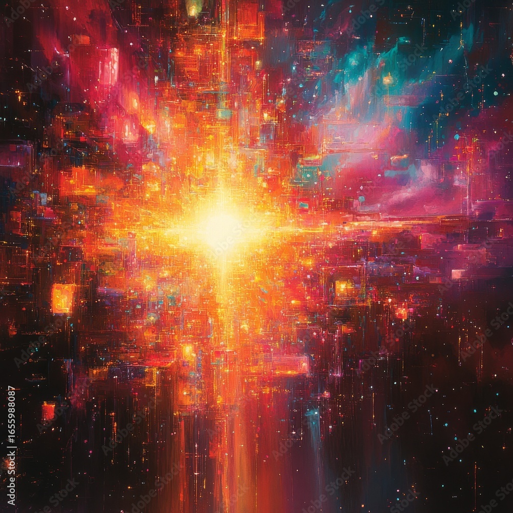 Poster vibrant digital singularity: an energetic abstract display of interconnected light and data, evoking
