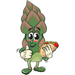 cute asparagus cartoon mascot character vector illustration carrying a taco while giving a thumbs up, work of hand drawn