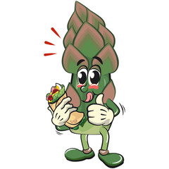 cute asparagus cartoon mascot character vector illustration have a burritos while giving thumbs up, work of hand drawn