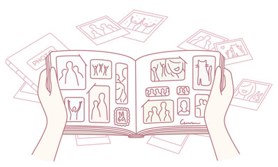 A peaceful illustration of a photo album being viewed, surrounded by scattered photos, evoking nostalgia.