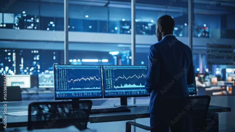 Poster a finance professional analyzing stock data and charts in modern high-tech office environment