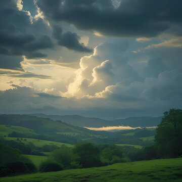 Dramatic storm clouds illuminated by golden sunlight over rolling green hills