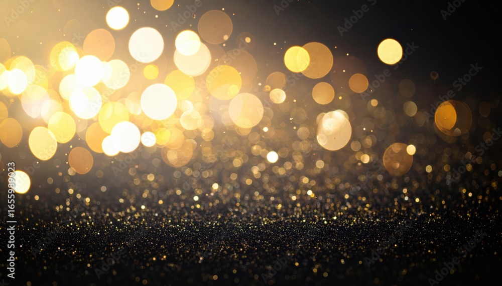 Poster an abstract visual representation of shimmering gold and deep black bokeh light effects against a my